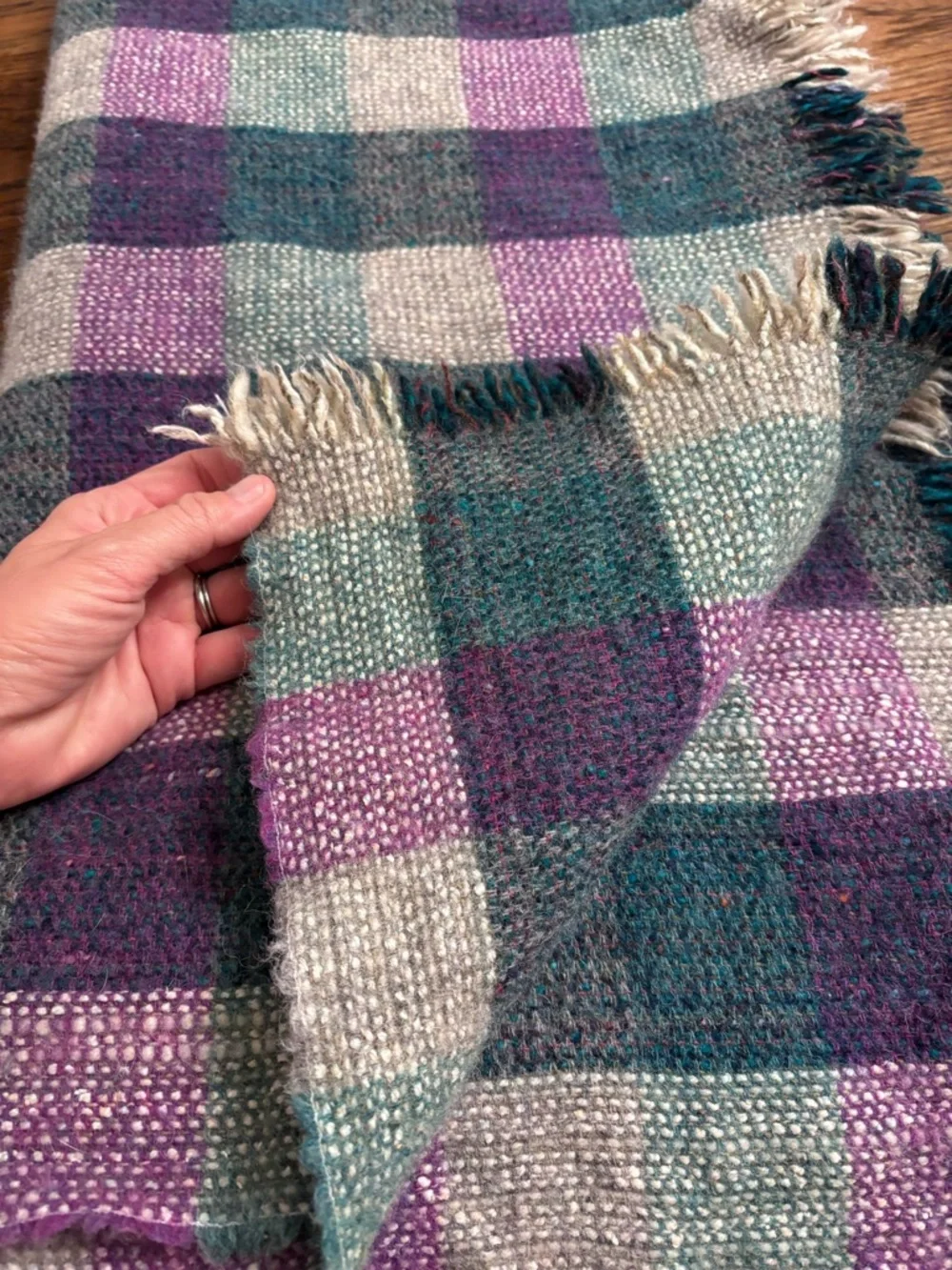 Wool Throw Blanket Purple Teal Cream Plaid Fringe Cabin Cottage 48x60 Vintage